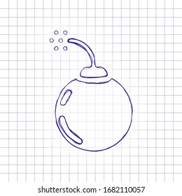 Bombe oder Dynamit, einfaches Logo. Handgezeichnetes Bild auf Papier. Blaue Tinte, Skizzenstil. Doodle auf dunklem Hintergrund