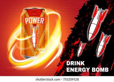 Bomb Energy Drink Ad Vector Illustration. Energy Drink In Metal Can On Red And Black Background With Flame And Rockets.