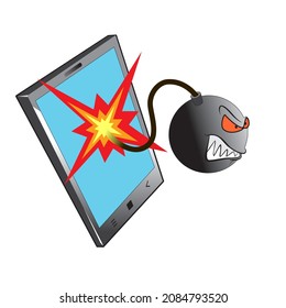 Bomb exploded in front of the smartphone screen. caricature illustration for poster illustration, presentation media, social media. icon illustration.
