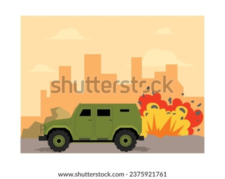 The bomb exploded near a passing army car, hitting a building and destroying part of the area, war vector illustration.