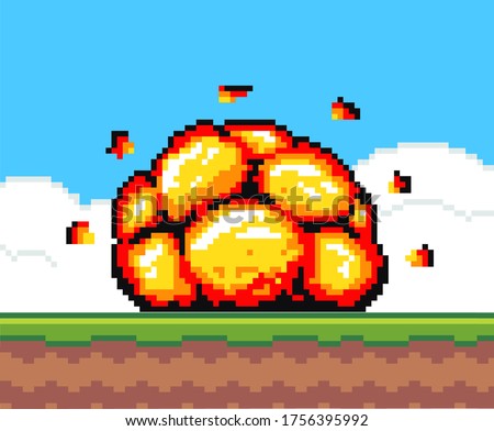 Bomb explosion at blue sky and green grass background, pixel game, boom effect, dynamite bang. Pixelated vector element, 8bit object. Symbol for mobile, computer game, videogame of 80s. Retro design