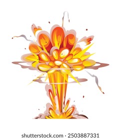 Explosión de bomba con llamas brillantes y columnas de humo elevándose hacia el cielo. Vector ilustración de dibujos animados.