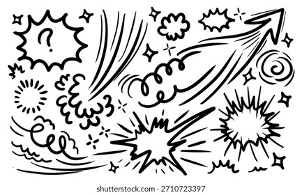 Bomb explosion in cartoon doodle style. Hand drawn comic boom bang drawing in naive outline style.