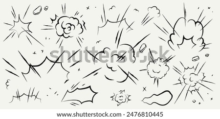 Bomb explosion in cartoon doodle style. Hand drawn comic boom bang drawing in naive outline style with charcoal, wax crayon, brush stroke sound effect. Vector illustration of dust explosion clouds.