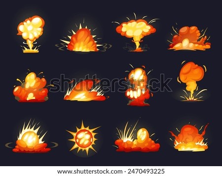 Bomb explosion cartoon effects. Explosions of dynamite bomb, gas or rockets. Bright fight game elements, detonation explosive nowaday vector set