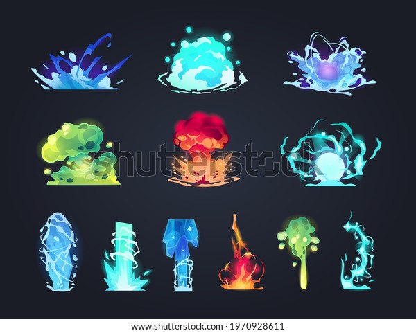 Bomb explosion.
Cartoon game boom effects. Fire blast with rising smoke and
futuristic weapon shot. Laser beam and ray gun trace. Lightning
strike. Vector elemental magic spells
set