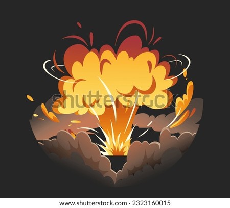 Bomb explosion in circle concept. Detonation and destruction. Grenade, bomb and dynamite. War and armed conflict. Clouds and smoke. Cartoon flat vector illustration isolated on black background