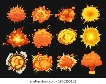 Bomb explosion clouds vector icons. Cartoon boom effect and smoke elements for ui game design. Dynamite danger explosive detonation, atomic comics clouds. Detonators for mobile animation isolated set
