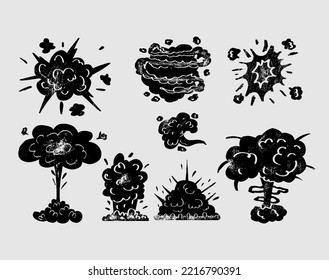 Bomb explosion clouds vector illustration. Cartoon boom effect and smoke elements for ui game design. Dynamite danger explosive detonation, atomic engraving, ink style set clouds. Detonators