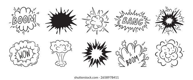 Bomb explosion or Comic explosion boom doodle hand drawn icon set. Outline drawing smoke cloud and fire flash. Atomic boom or dynamite detonation,. Vector illustration