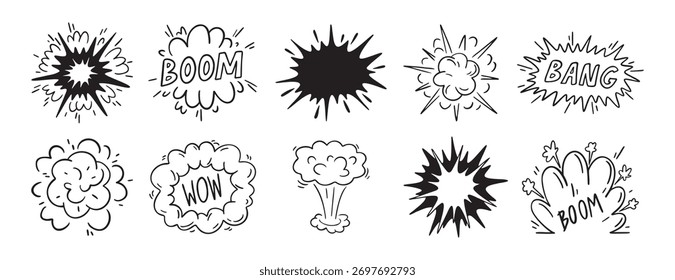 Explosão de bomba ou estrondo de explosão cômico doodle ícone desenhado à mão conjunto. Desenho esquemático nuvem de fumaça e flash de fogo. Explosão atômica ou detonação de dinamite,. Ilustração vetorial
