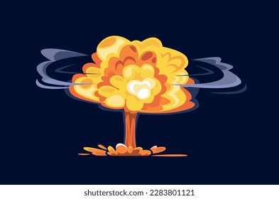 Bombenexplosionskonzept. Gefährliche Explosion von Großbombe oder Dynamit. Militärische Atomwaffen. Flammen und Feuer mit Wolke. Vorlage, Layout und Muster. Cartoon-Flavektor-Vektorgrafik