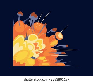 El concepto de explosión de bomba. Bomba o explosión de dinamita. Destrucción, explosión y explosión. Armas y equipo militar. Afiche o cartel para el sitio web. Dibujo vectorial plano de dibujos animados