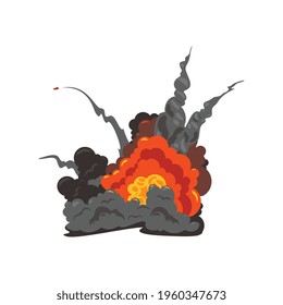 Bomb explosion fire bang amination composition with blasted bomb with flame and black smoke vector illustration