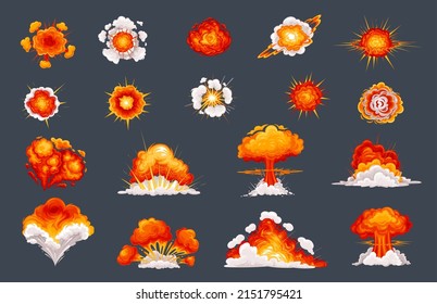 Bomb Explosion, Fire Bang In Cartoon Style. Red Explode Of Bomb, Explosions With Dynamite Clouds And Flash. Explosion For Animation, Vector Illustration.