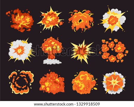 Bomb explosion and fire bang cartoon set. Red dynamite cloud and boom. Vector flat style cartoon illustration isolated on black background
