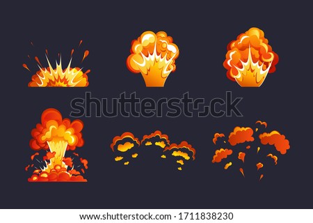 Bomb explosion and fire explosion cartoon set. Animation for a game with an explosion effect. Dynamite explosions, explosive explosions of bombs and atomic bombs, clouds, comics. 