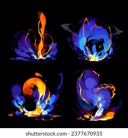 bomb explosion, fire set. Boom clouds and smoke elements for ui game design. Dangerous explosive detonation, atomic comics detonators for mobile animation, isolated vector icons, Cartoon dynamite.