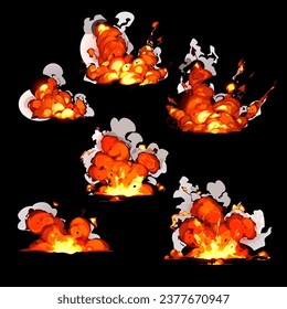 bomb explosion, fire set. Boom clouds and smoke elements for ui game design. Dangerous explosive detonation, atomic comics detonators for mobile animation, isolated vector icons, Cartoon dynamite.