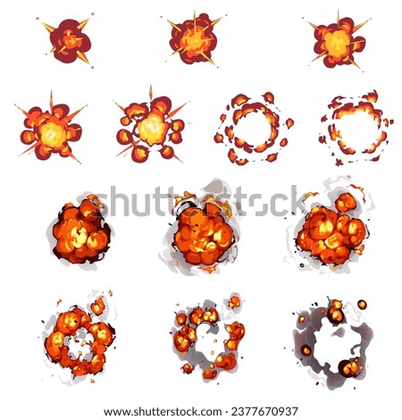 bomb explosion, fire set. Boom clouds and smoke elements for ui game design. Dangerous explosive detonation, atomic comics detonators for mobile animation, isolated vector icons, Cartoon dynamite.