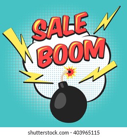 Bomb explosion flyer pop art comic mega sale discount promotion. Vector illustration background with bomb explosive boom in the pop art style