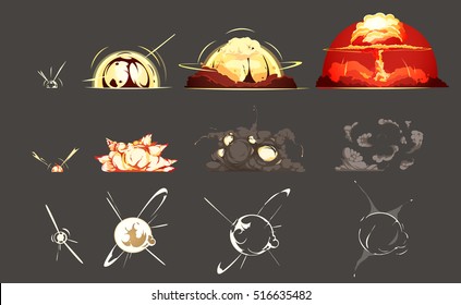 Bomb explosion freeze frame still images collection 3 sets with black background retro cartoon isolated vector illustration 