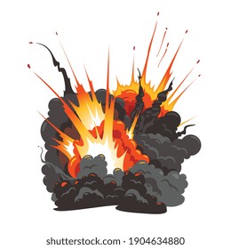 Bombenexplosion einzeln auf buntem Bild von großen, blinkenden, fliegenden Trümmern, dunkelgraue Wolke, Vektorgrafik