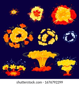 Bombenexplosion Isolierte Symbole Set. Explosionsgefährdende Detonation und Atomic Comics Wolken. Detonatoren Mobile Game Animation, Boom Effect Elements für Game Design. Illustration zur Cartoon-Vektorillustration