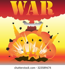 Bomb explosion on ground with smoke and object splashing. Meaning to War.