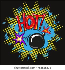 Bomb explosion on halftone black background pop art comic illustration art