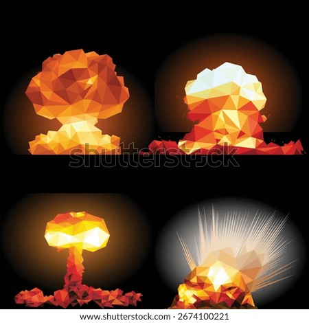 Bomb explosion Polygonal Low poly vector set. Collection of Mushroom Cloud Explosion Polygonal Vector. Abstract Low Poly Vector of Bomb Explosion