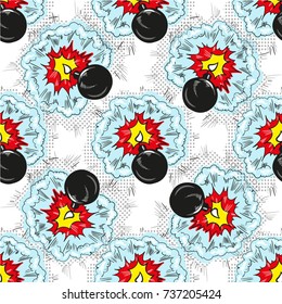 Bomb explosion pop art comic seamless pattern