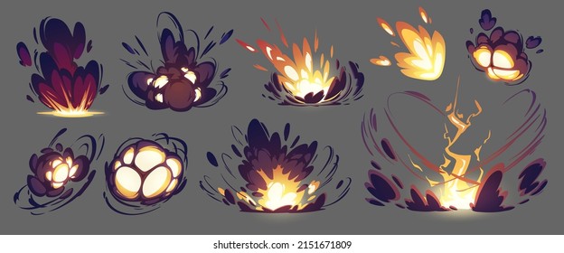 Bomb Explosion, Rocket Hit Animation Effect. Vector Sprite Sheet Of Blast With Fire And Black Smoke Clouds. Cartoon Illustration Of Burst With Flame And Flash Isolated On Background