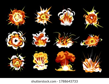 Bomb Explosion Set. Isolated Cartoon Explosion Fire Flame With Smoke Cloud Flat Icon Collection. Bomb Burst Energy. Comic Boom Effect Vector Illustration