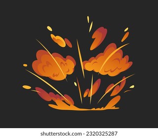 Bomb explosion vector concept. Destruction, detonation and demolition. Burst and blast. Armed and military attack, war. Poster or banner. Cartoon flat illustration isolated on black background
