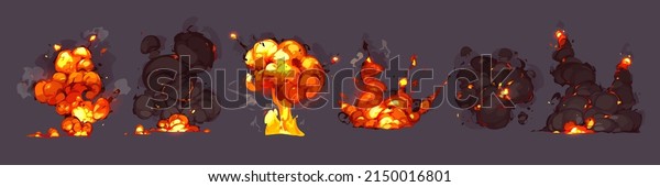 Bomb explosions, blasts\
with fire and black smoke clouds. Vector cartoon set of burst with\
flame and flash from dynamite, nuclear weapon or rocket hit\
isolated on background