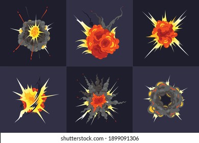 Bomb Explosions Concept Design With 6 Spectacular Debris Fire Bang Clouds Images Against Dark Background Vector Illustration