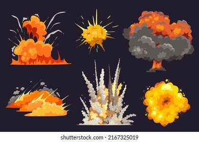 Bomb explosions with smoke clouds in cartoon style set isolated elements. Bundle of red and orange flame detonation effects in different shapes, dynamite danger. Vector illustration in flat design