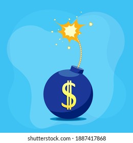 Bombe mit einer explosiv brennenden Sicherung und dem Dollar-Währungszeichen. Wirtschaftskrise und Unternehmensbankrott. Vektorgrafik.