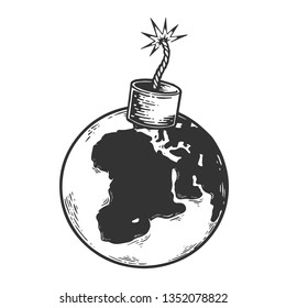 Bomb explosive planet earth war danger metaphor sketch engraving vector illustration. Scratch board style imitation. Black and white hand drawn image.