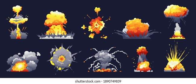 Explosión de bomba y fuego aisló el juego de caricaturas. Boom de ferias vectoriales realistas, bombas explosivas de peligro, nubes atómicas de detonación reventando sobre negro. Iconos de animación de juegos para móviles y detonadores dinámicos