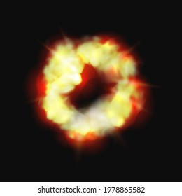 Bomb and fire explosion isolated cartoon burning cloud. Vector dynamite detonator mobile and ui game animation icon. Realistic fiery boom, danger explosive detonation atomic cloud bursting over black