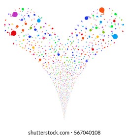 Bomb fireworks stream. Vector illustration style is flat bright multicolored iconic symbols on a white background. Object double fountain constructed from random icons.