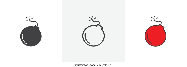 Bomb flat thin line icon collection.