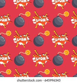 Bomb flat vector illustration with pop art banner seamless pattern background