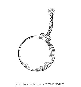 Bomb with fuse vector line art hand drawn illustration