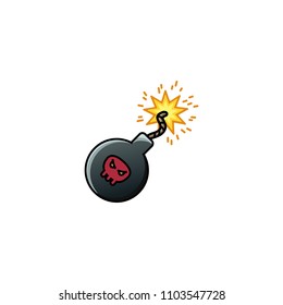 Bomb game icon with sparkles. Flat style cute cartoon explosive element isolated on white background. Vector stock logo illustration