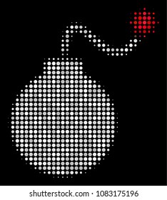 Bomb halftone vector icon. Illustration style is pixel iconic bomb symbol on a black background. Halftone matrix is constructed with round spots.
