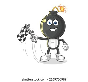 la cabeza de la bomba sostiene la bandera de fin. vector de mascota de dibujos animados
