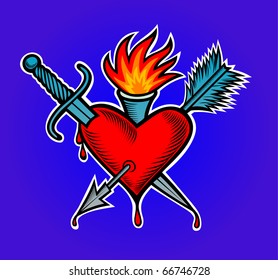 A bomb heart with an arrow and a sword in it